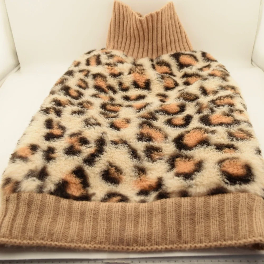 Small Dog Sweater Size S Leopard Print Fuzzy Knit Turtleneck Tan Brown Pet